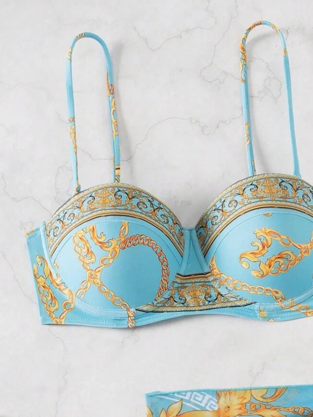 Women's Blue and Gold Printed Bikini Set with Sarong Cover-Up